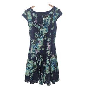 Madison Leigh Navy Floral Lace Fit and Flare Dress Cap Sleeves Size 8